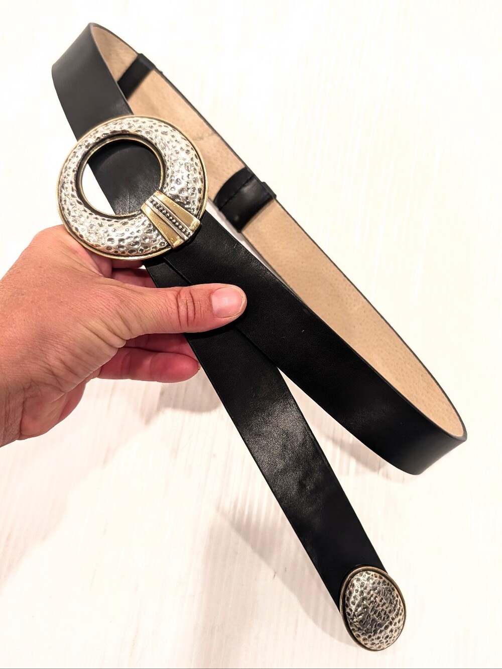 Chico's Black Leather Belt with Hammered Silver-Tone Round Buckle